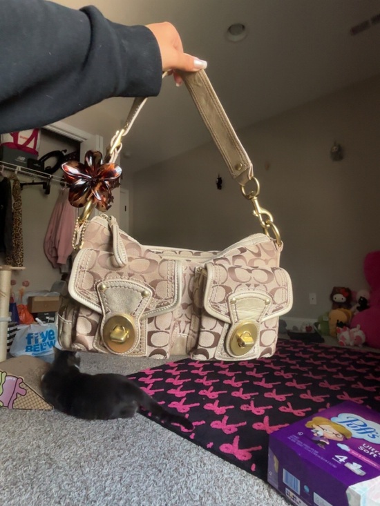 Coach Handbags - Coach Beige Signature Canvas Double Turnlock Legacy Shoulderbag